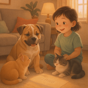 american-bully-education-enfant américan bully avec enfant et chat