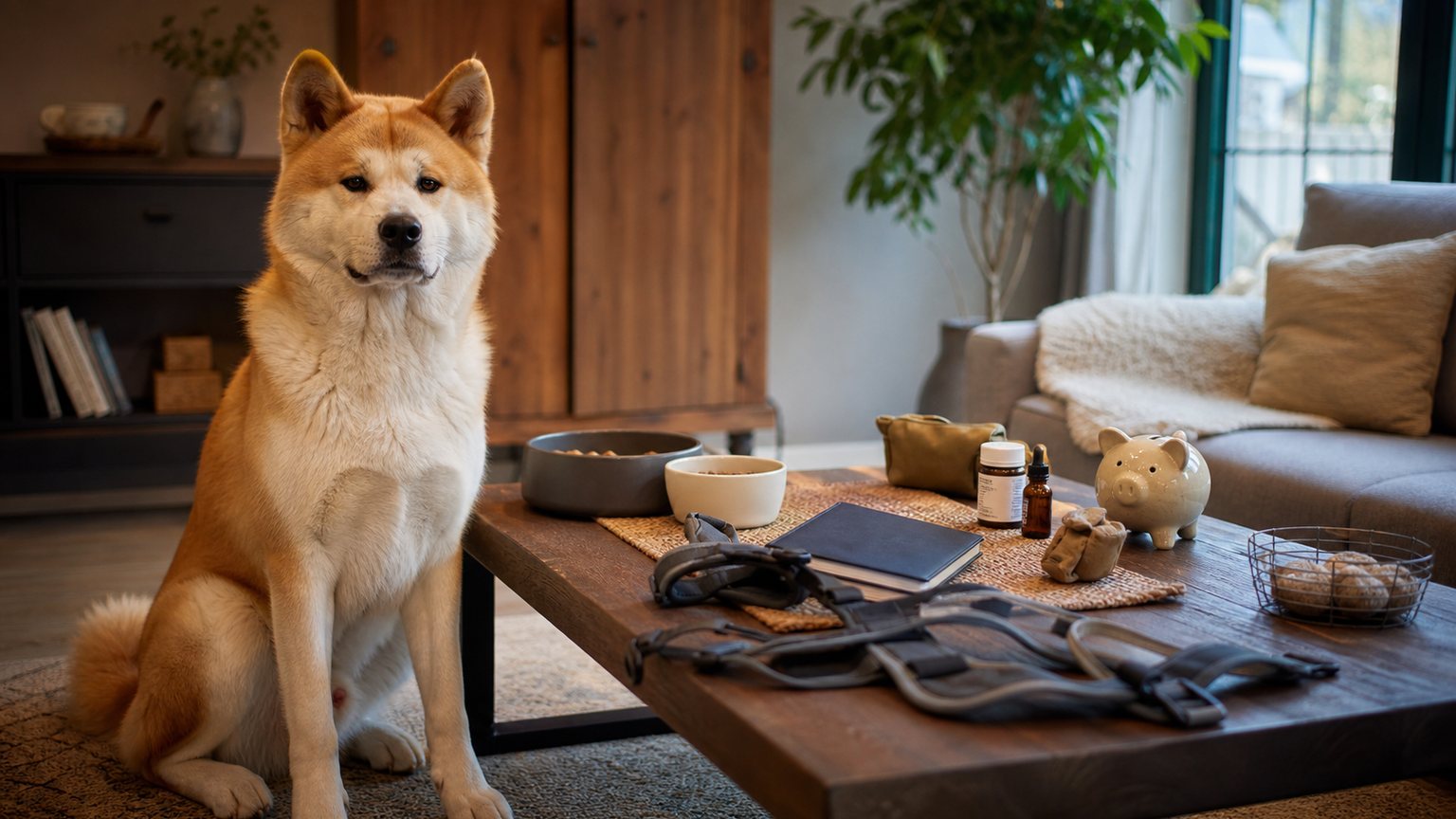 Akita Inu avec accessoires, alimentation et soins vétérinaires