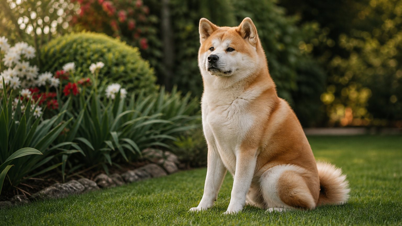 Akita Inu roux et blanc assis dans un jardin