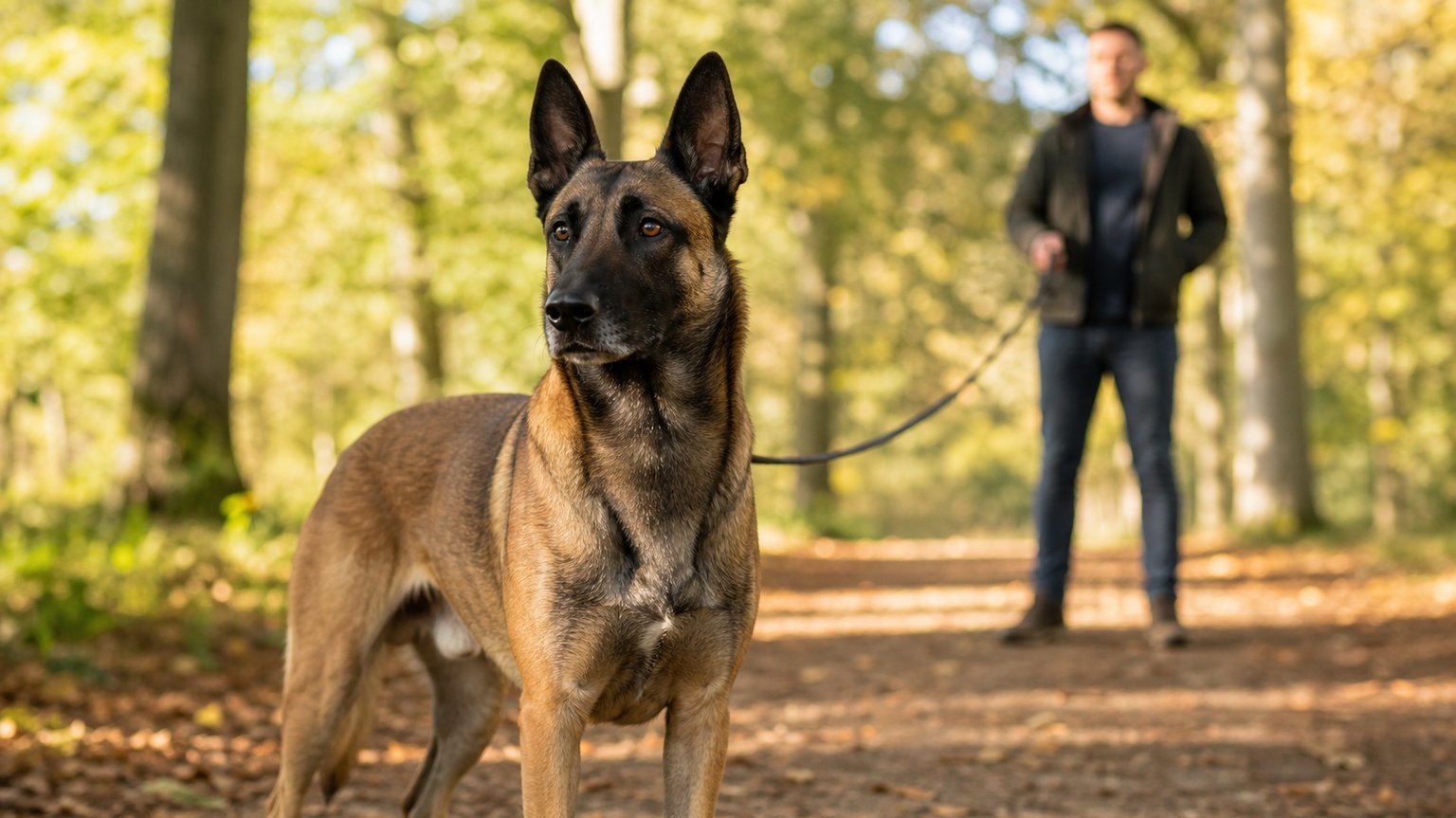 Berger allemand croise Malinois en laisse dans un chemin forestier