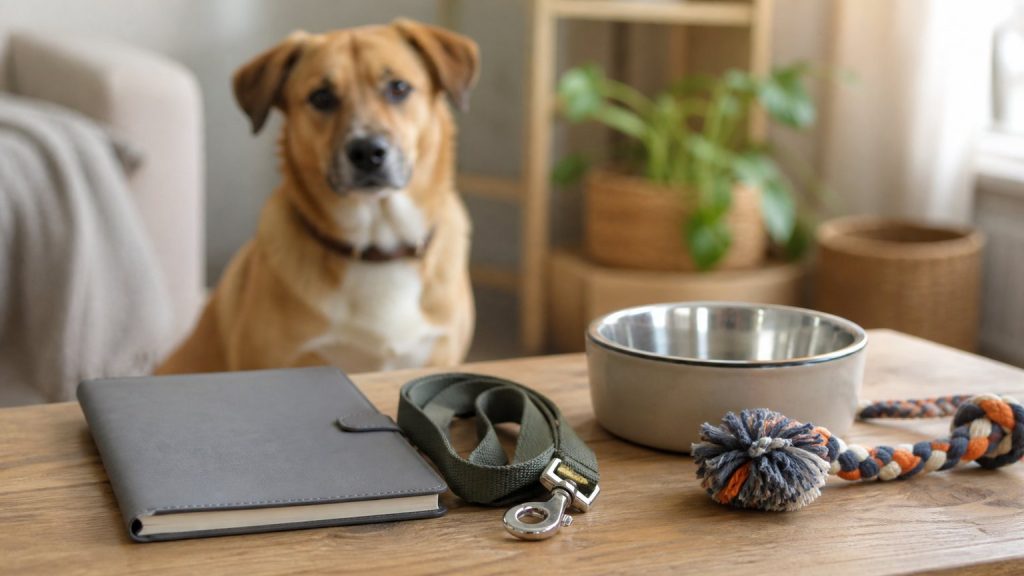 Carnet vétérinaire et accessoires pour préparer l’adoption d’un chien croisé