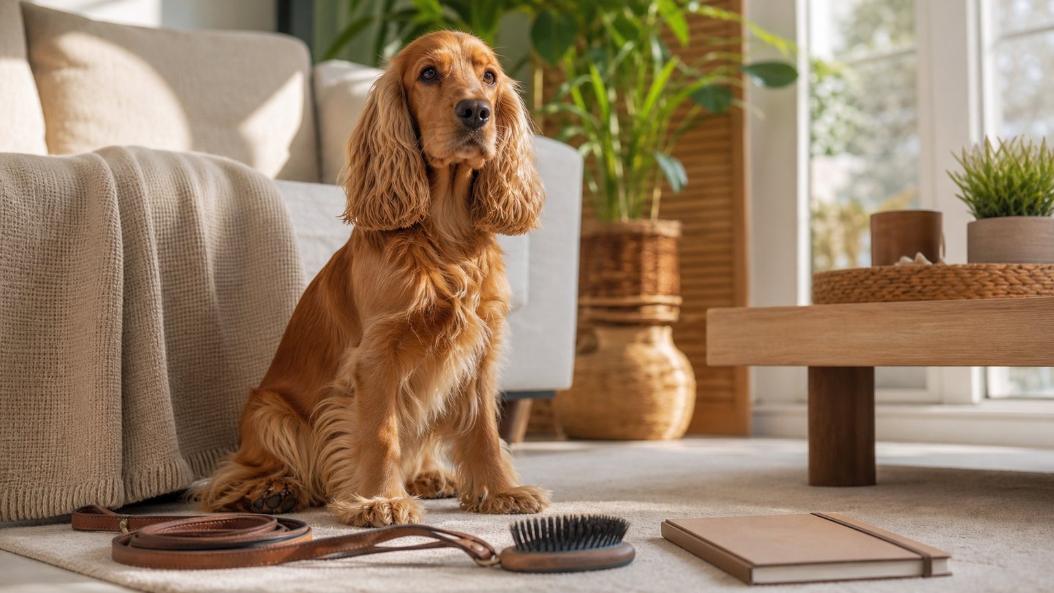 Cocker Anglais roux dans un intérieur lumineux avec brosse et laisse