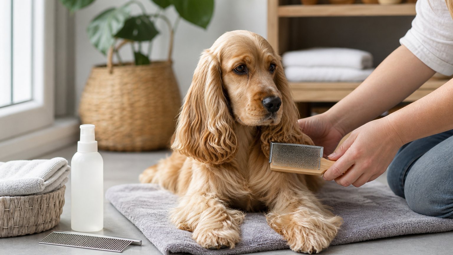 Cocker Anglais brossé pendant une séance de toilettage à domicile