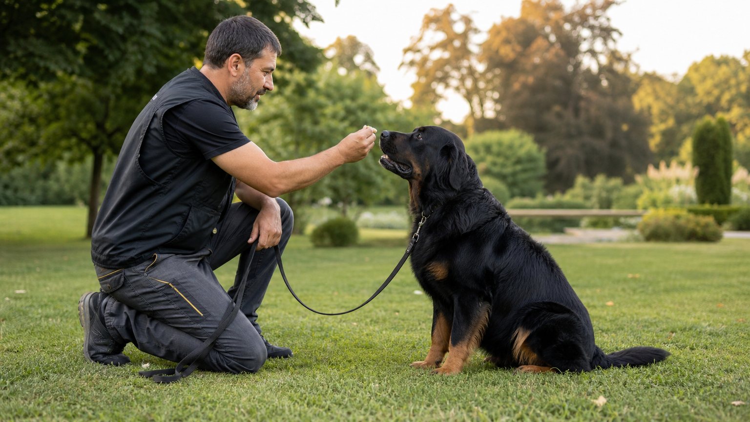Éducation positive d’un grand chien protecteur avec une longe dans un parc
