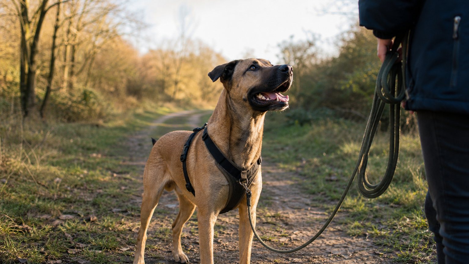Chien croisé Labrador Malinois pendant une séance d’éducation en extérieur
