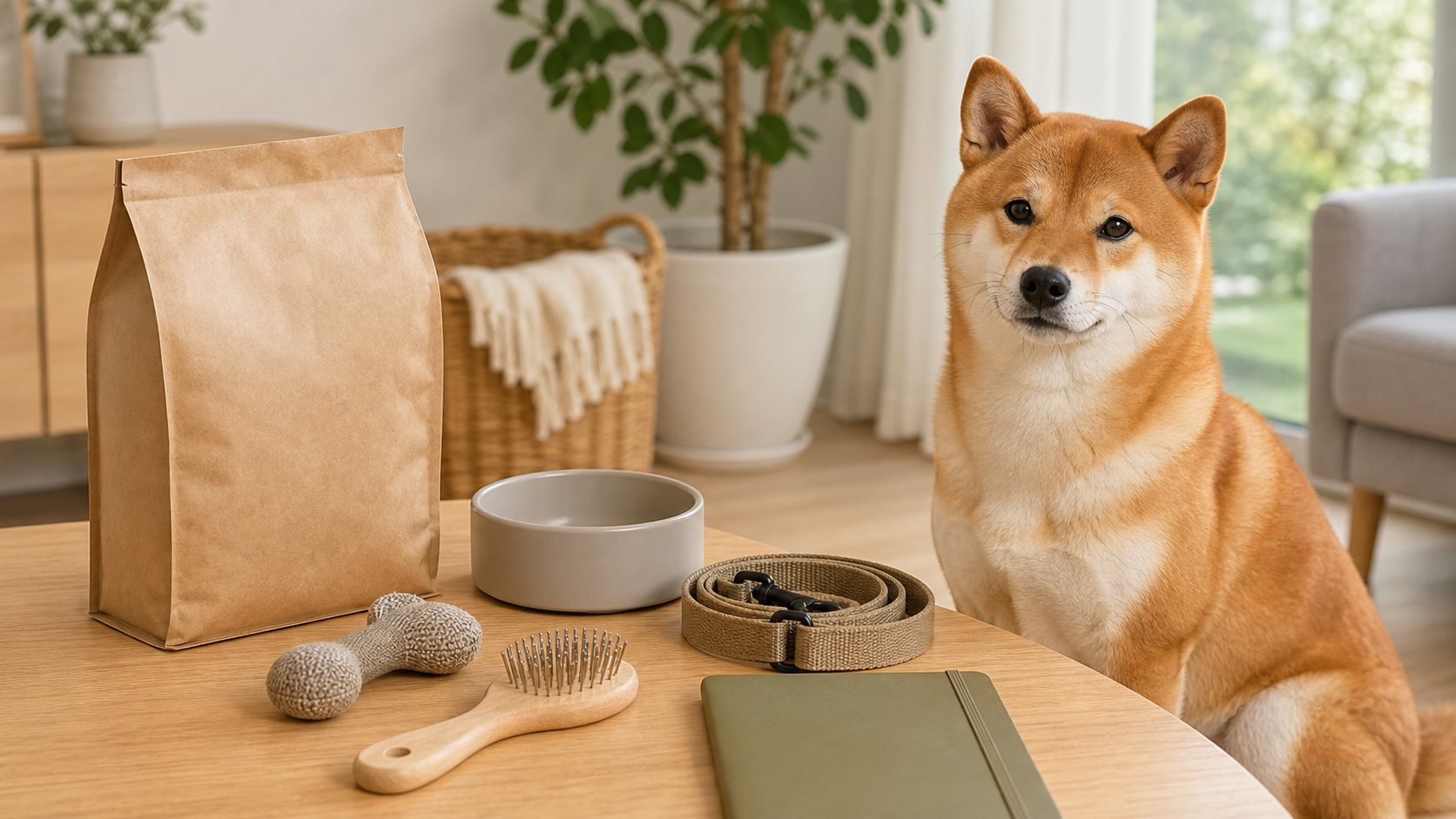 Shiba Inu avec croquettes, brosse, laisse et carnet pour illustrer le budget d’entretien