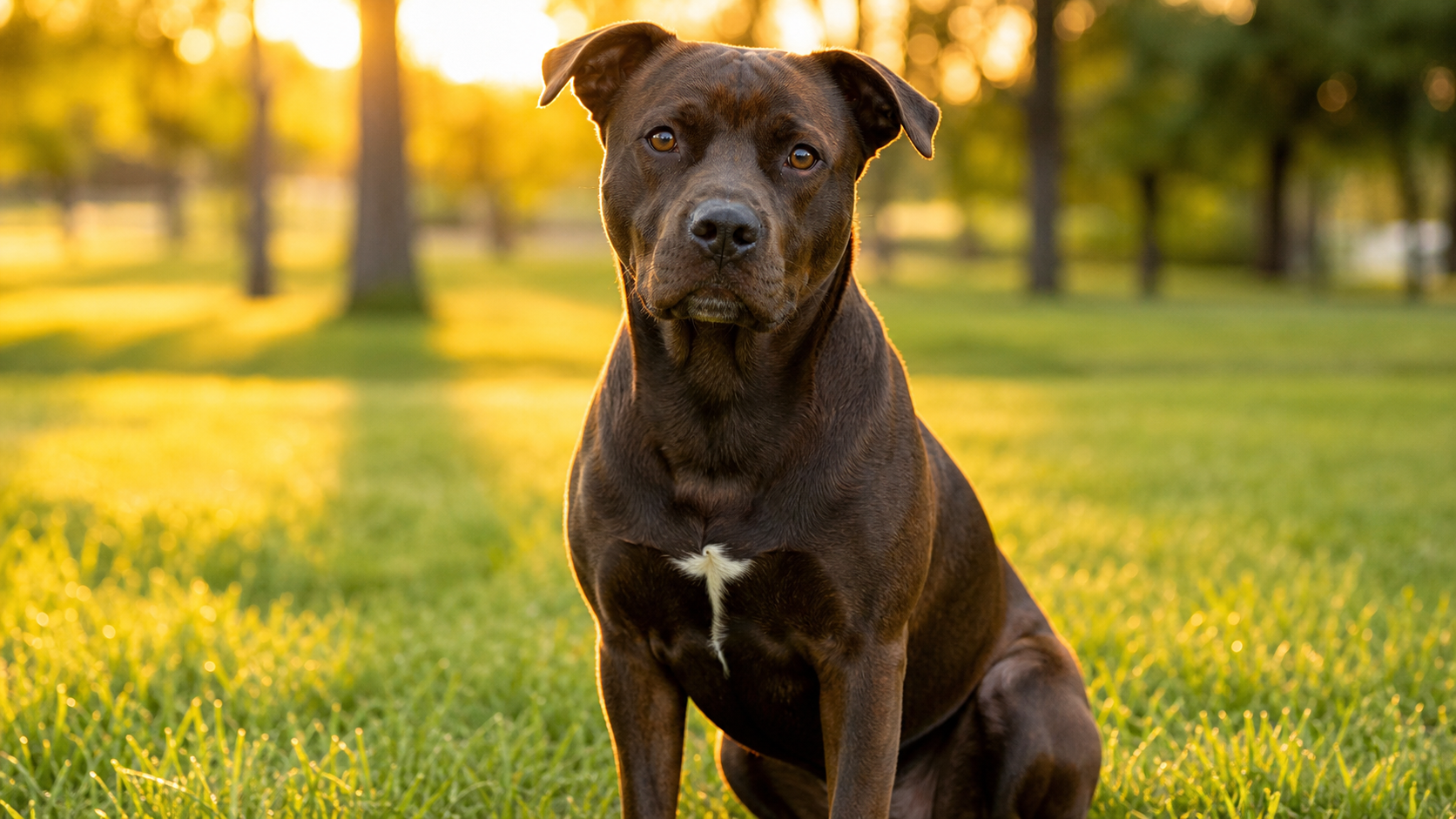 Staffie croisé Labrador assis dans un parc