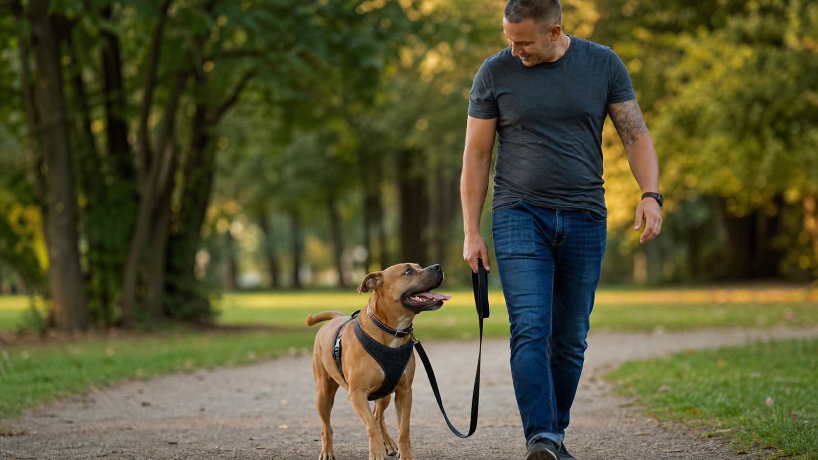 Staffie croisé Labrador en promenade active