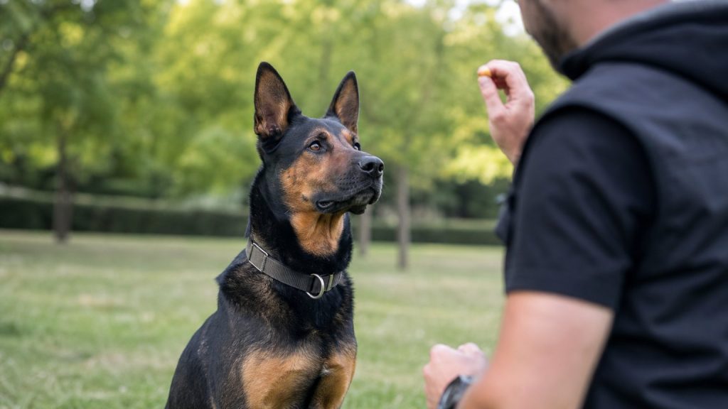 Beauceron croisé Malinois concentré pendant une séance d’éducation positive