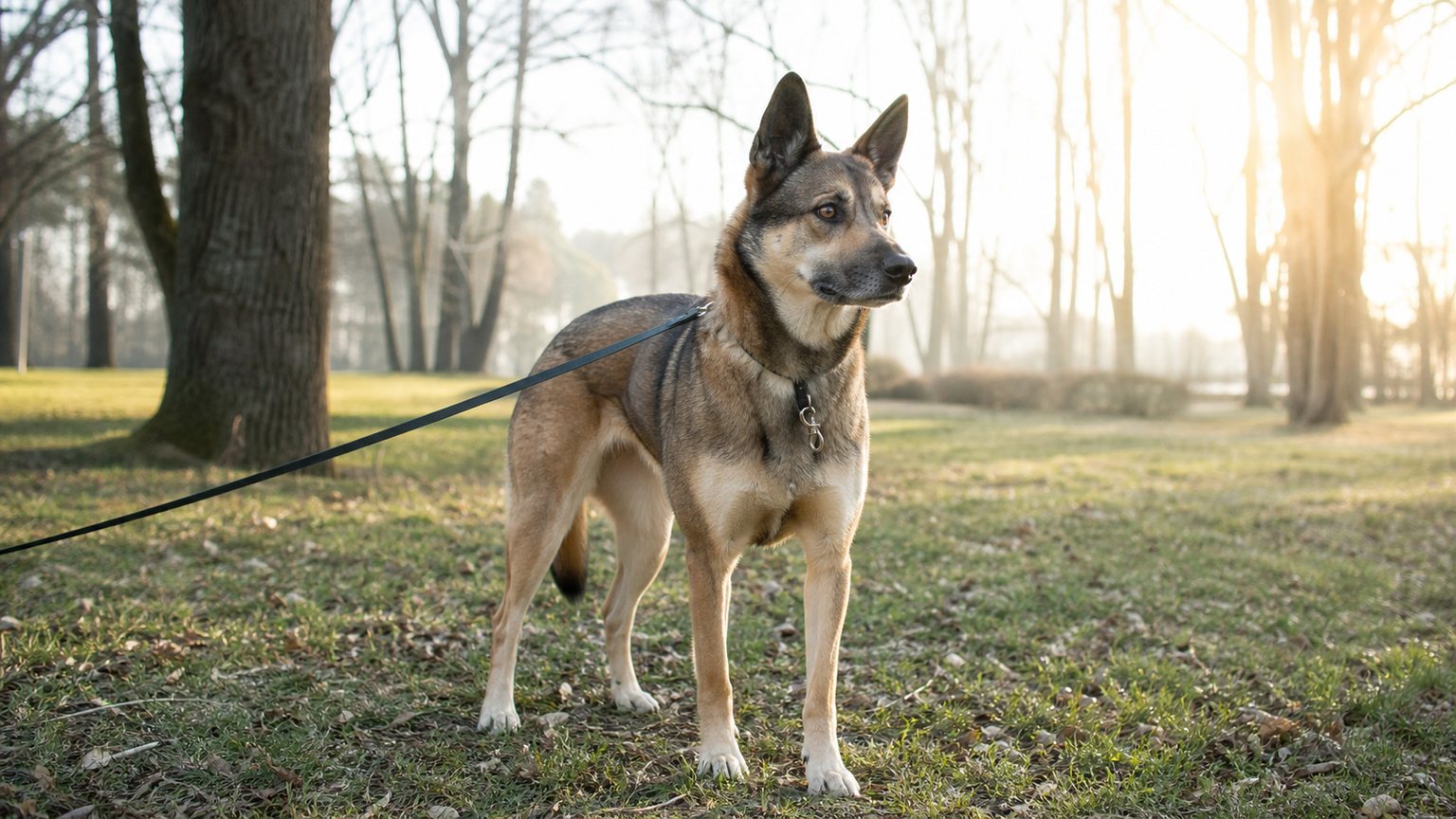 Husky croisé Malinois attentif dans un parc