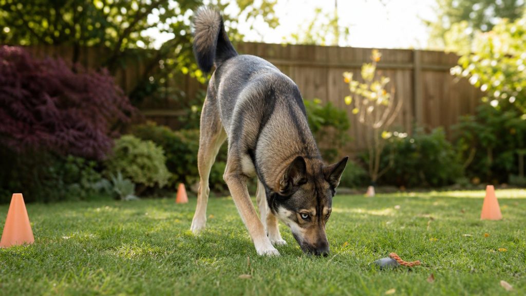 Husky croisé Malinois en exercice de recherche olfactive