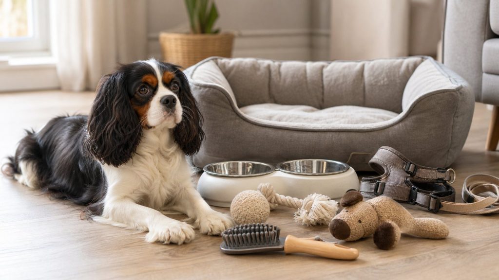 Cavalier King Charles avec panier, gamelles, harnais, brosse et jouets