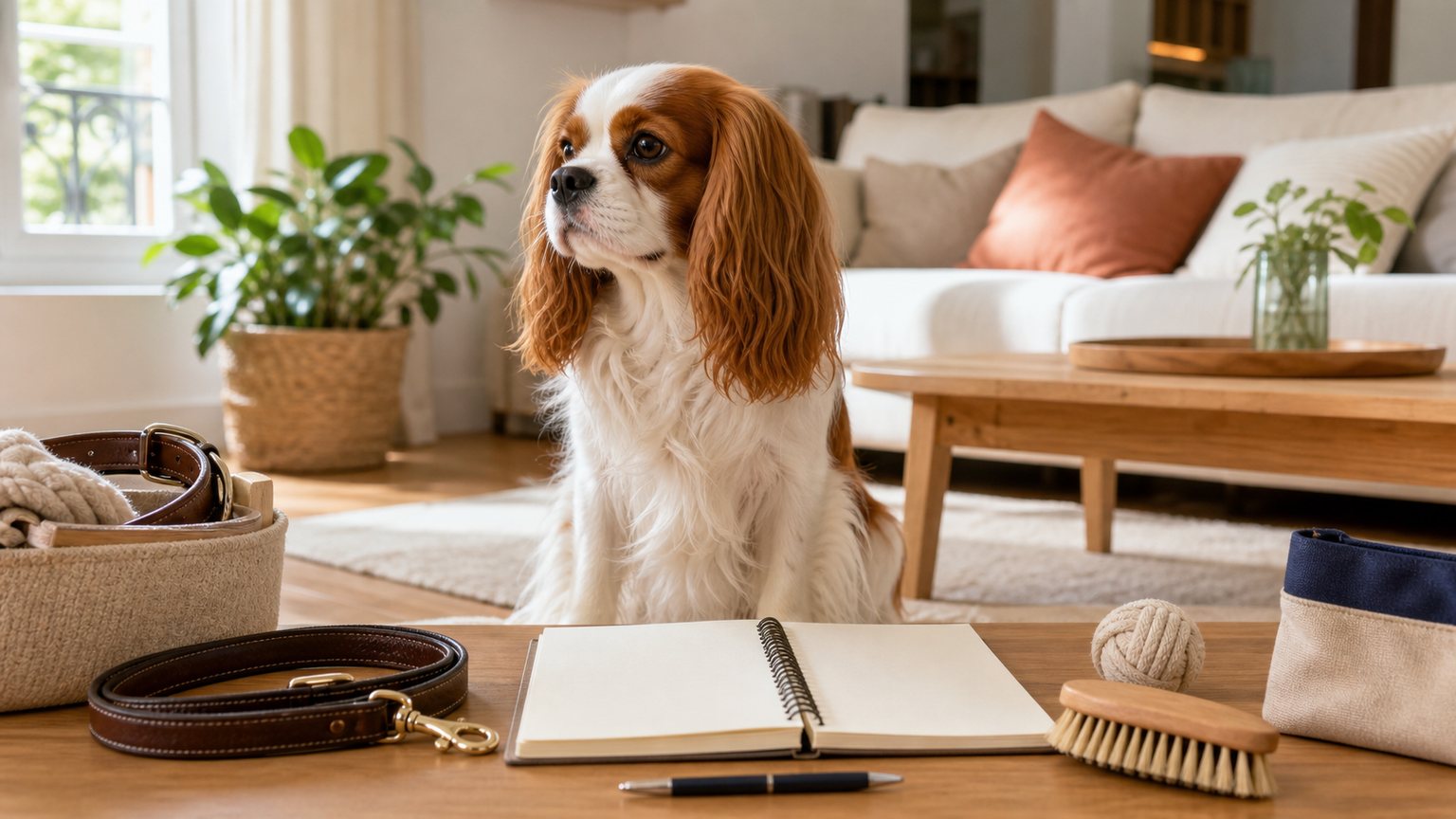 Cavalier King Charles dans un salon avec accessoires et carnet de budget
