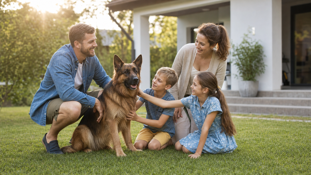 Famille avec un chien de garde calme et socialisé dans un jardin