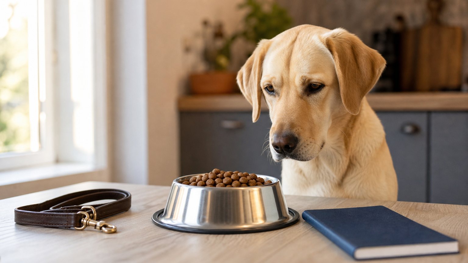 Labrador devant une gamelle de croquettes avec laisse et carnet de santé