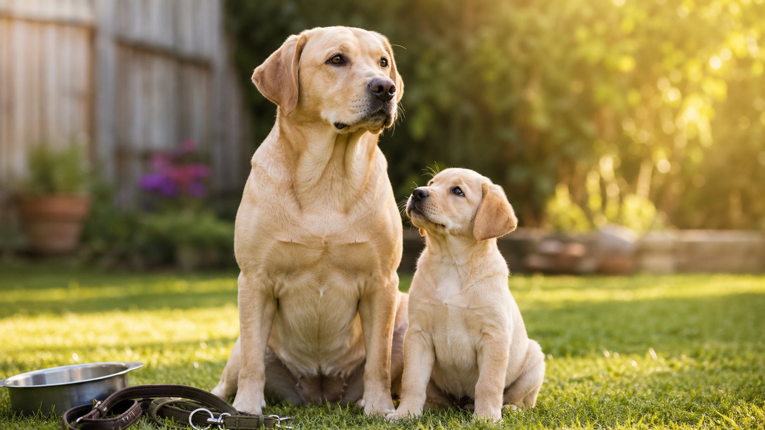 Labrador adulte et chiot dans un jardin familial