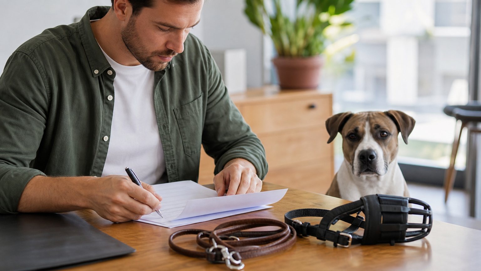 Propriétaire remplissant des documents administratifs avec son chien, une laisse et une muselière