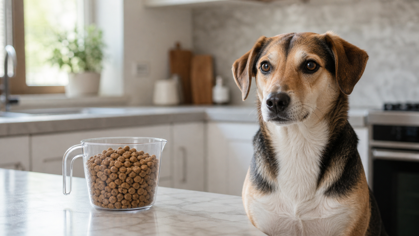 Portion mesurée de croquettes pour chien stérilisé avec un chien calme en arrière-plan.