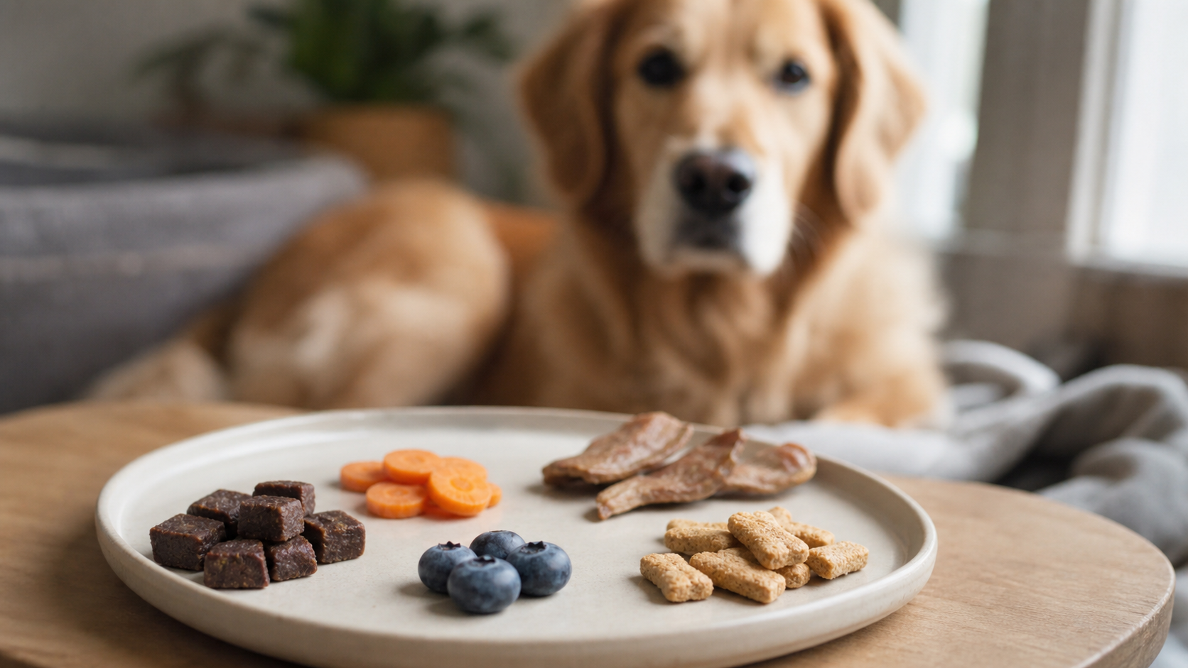 Petites portions de friandises naturelles pour chien avec un chien calme en arrière-plan.