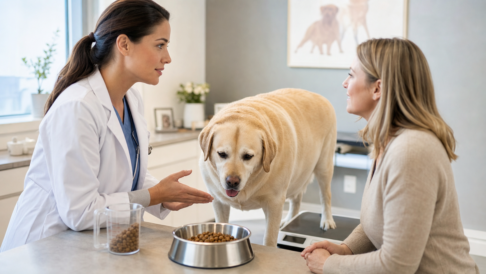 Consultation nutritionnelle pour un chien en surpoids avec balance et gamelle.