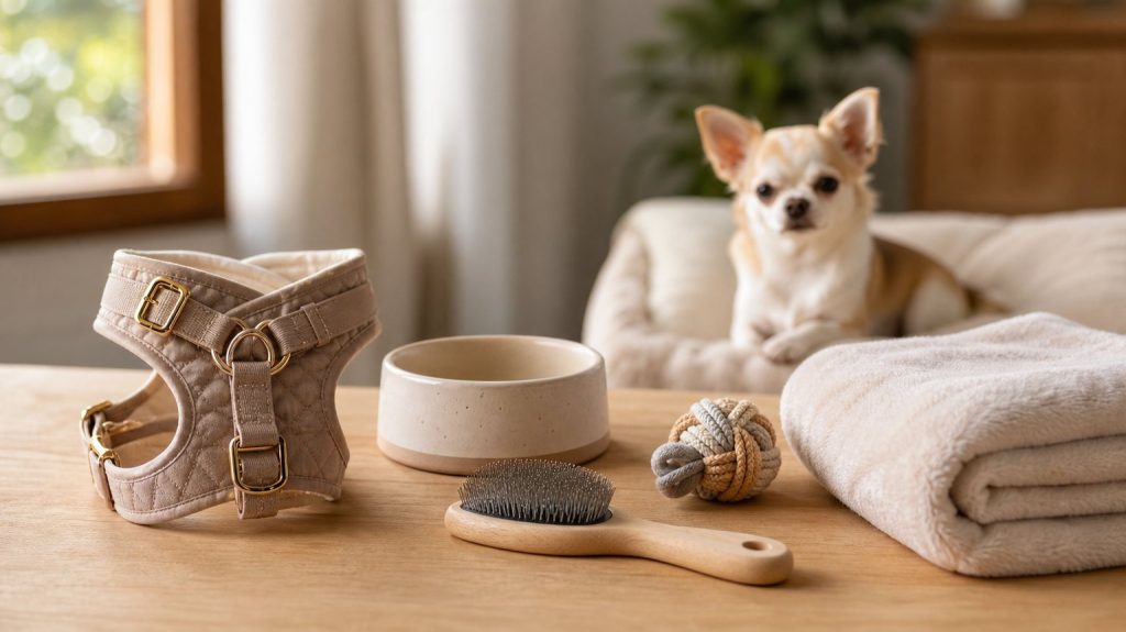 Harnais, gamelle, brosse et couverture pour accueillir un Chihuahua