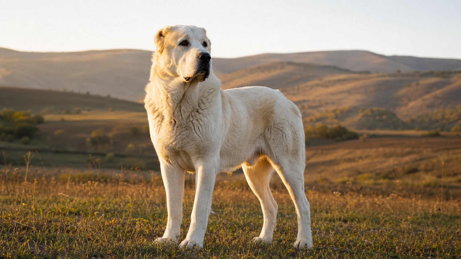Asian Shepherd ou Alabai debout dans un paysage de collines