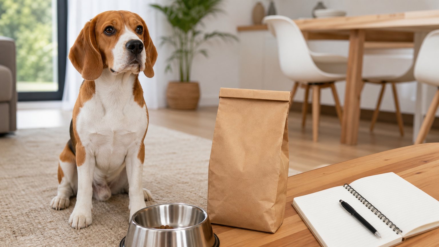 Beagle près d’une gamelle et de croquettes pour illustrer le budget alimentation