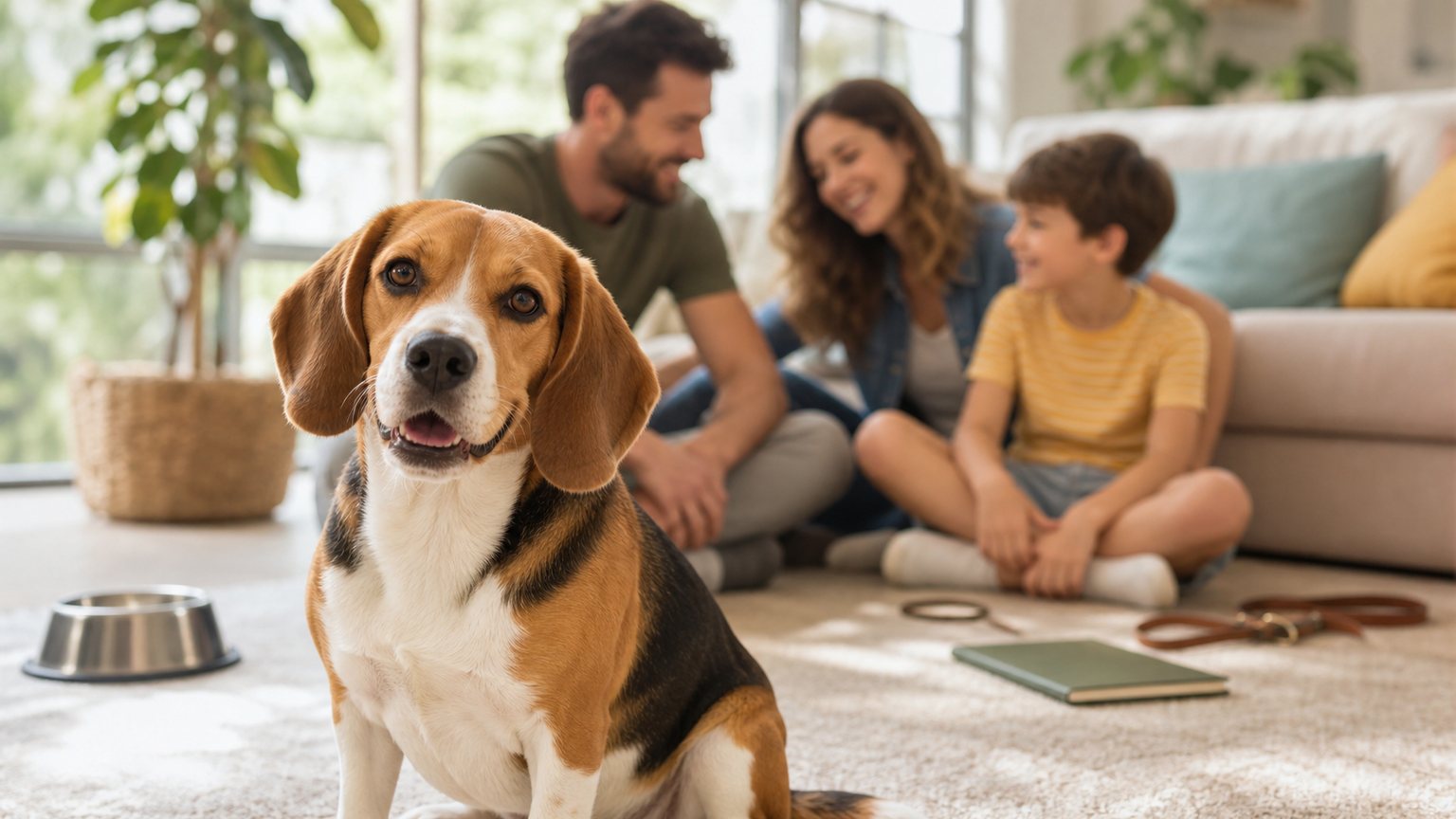 Beagle avec une famille à la maison pour illustrer le budget annuel