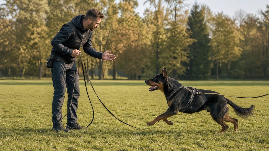 Éducation positive et exercice d’un Beauceron Malinois adulte en extérieur