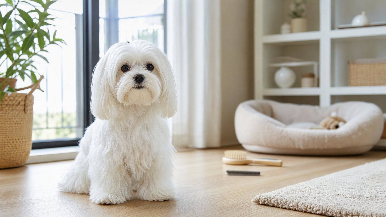 Bichon Maltais blanc dans un intérieur lumineux avec accessoires de toilettage