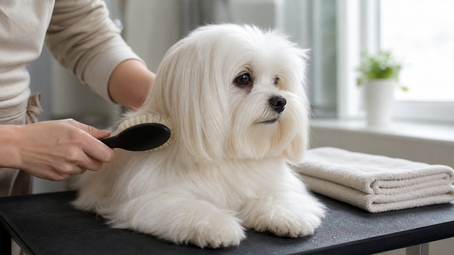 Bichon Maltais brossé délicatement lors du toilettage