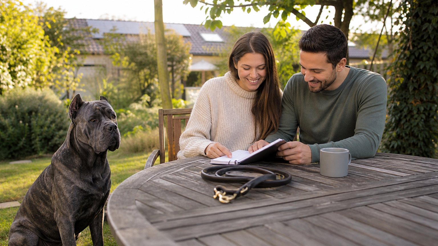 Cane Corso avec ses propriétaires préparant le budget annuel