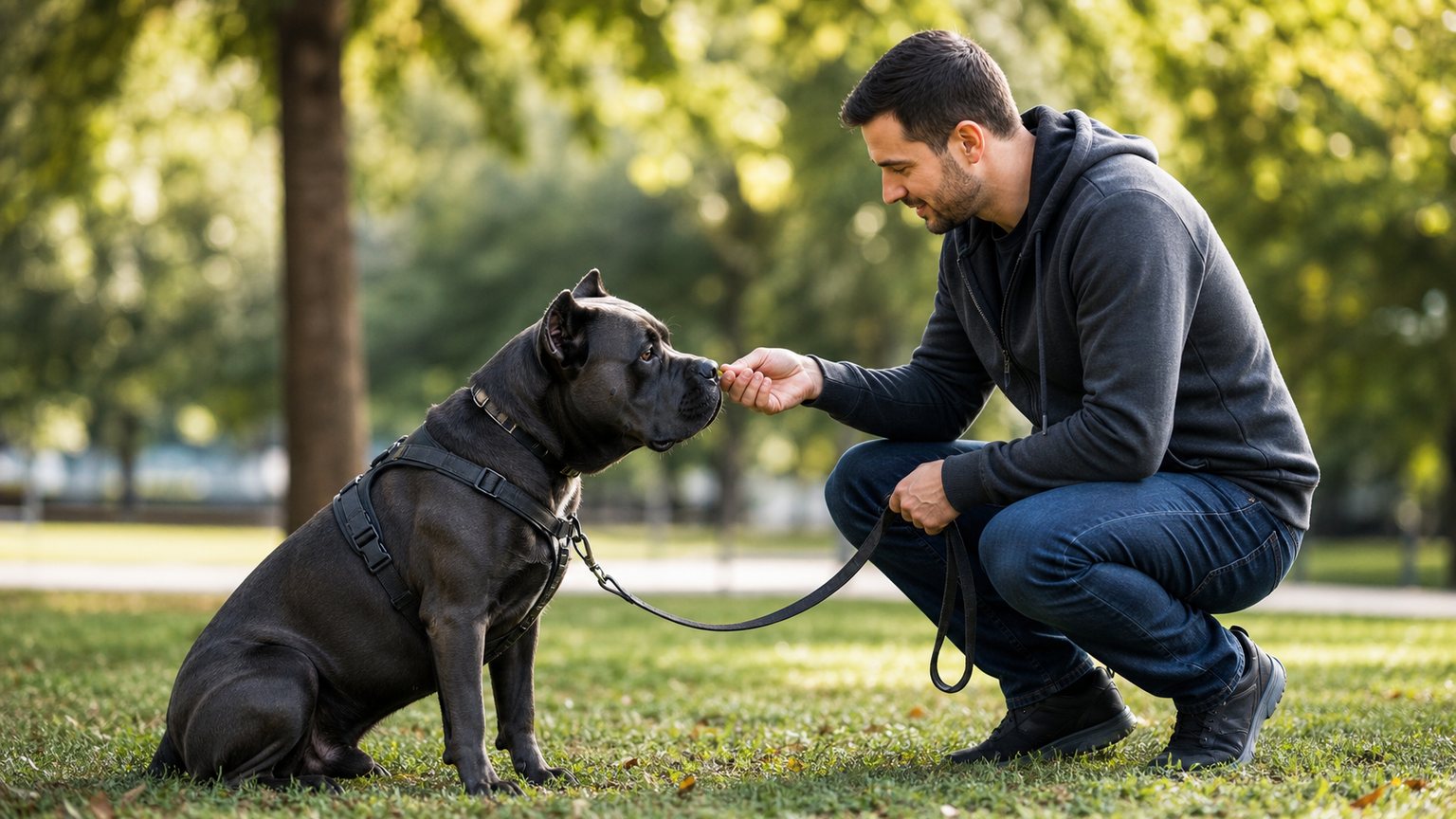 Cane Corso en séance d’éducation positive avec son propriétaire