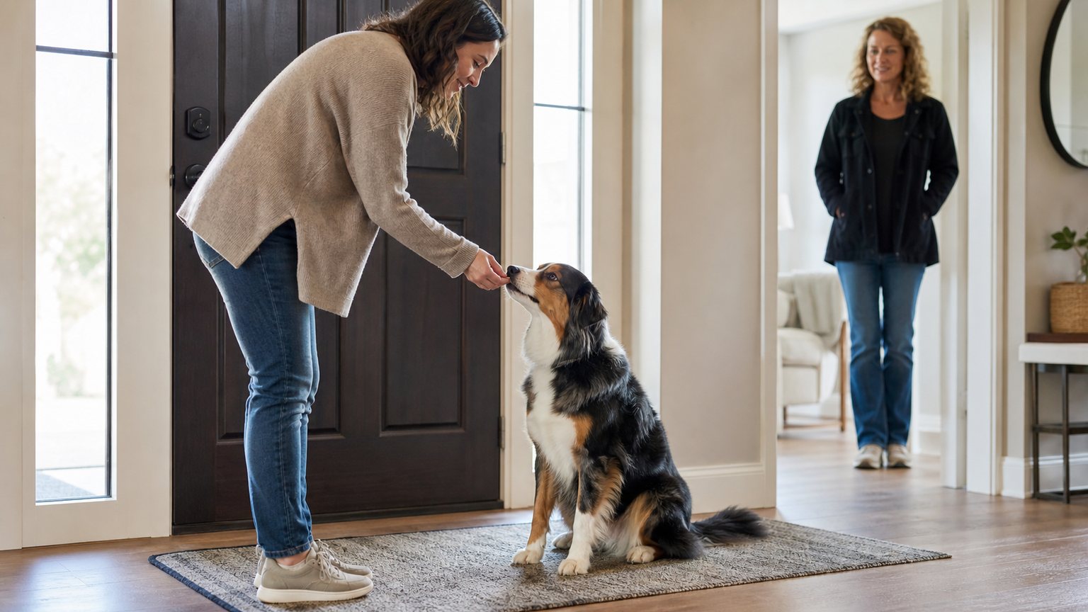 Chien assis calmement près de la porte pendant un exercice d’accueil des invités