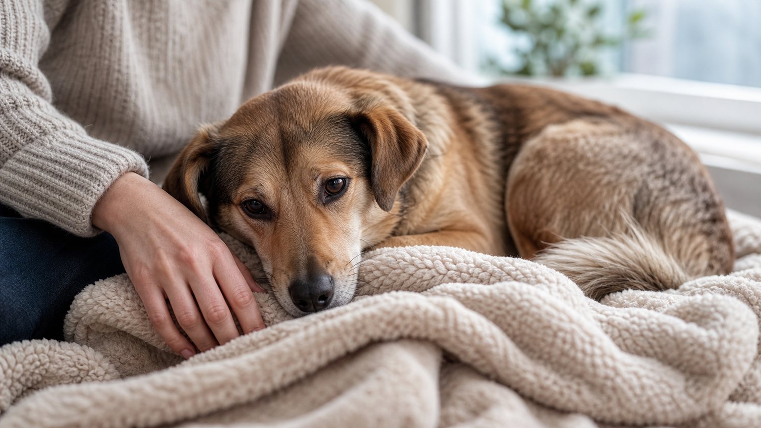 Chien allongé sous une couverture pendant que son maître le rassure