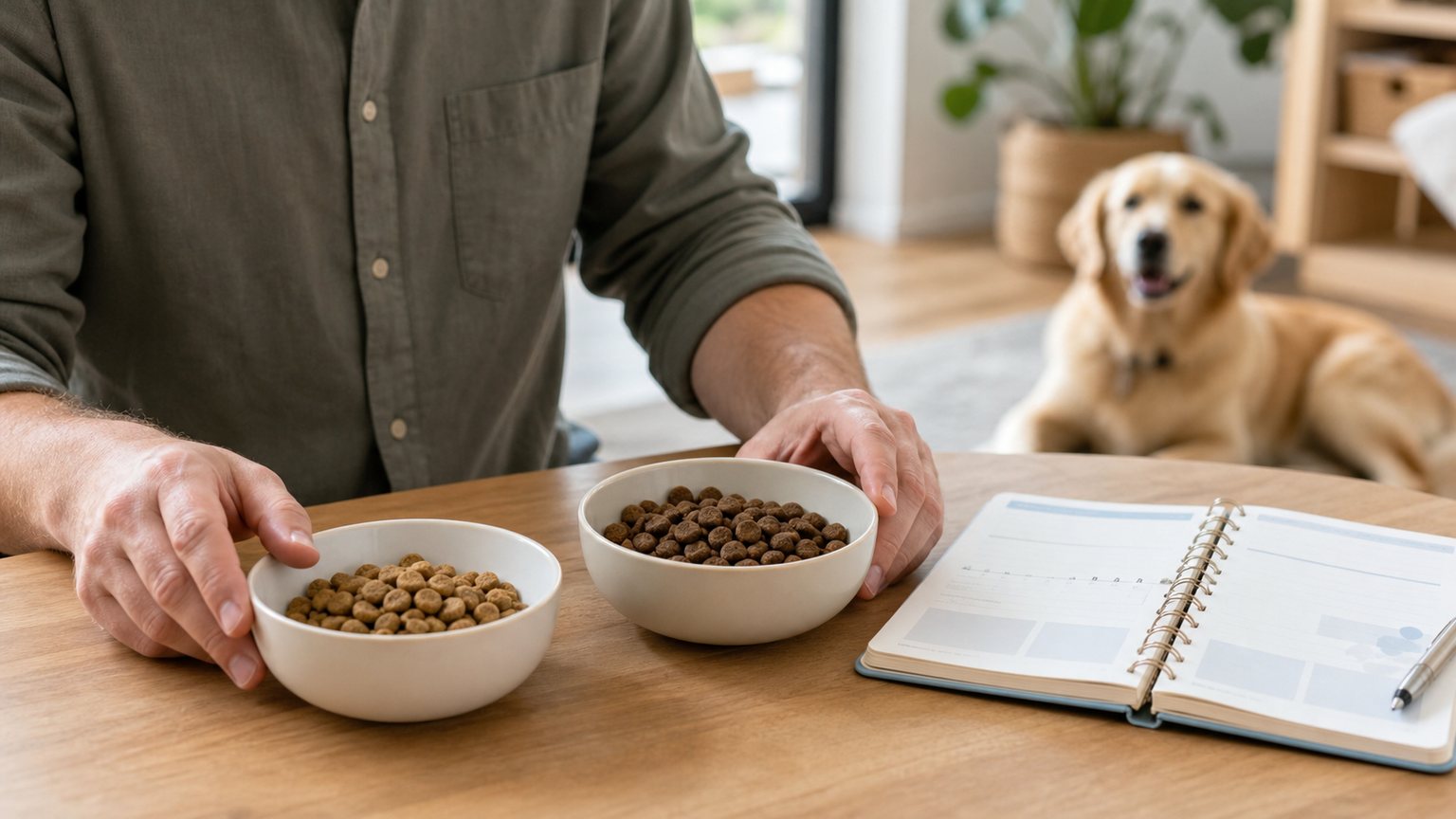 Comparaison de deux portions de croquettes pour chien pendant une transition alimentaire