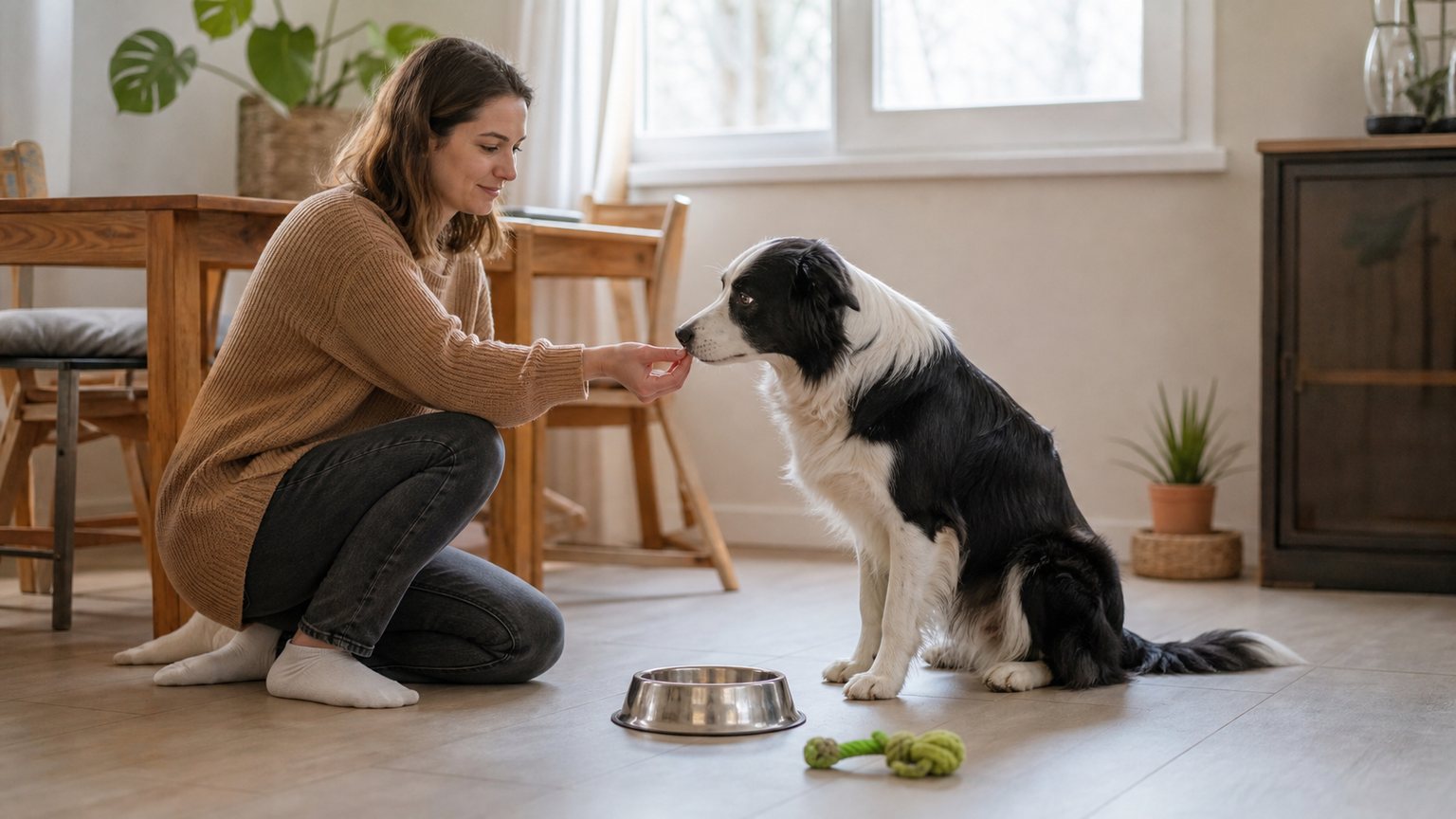 Propriétaire donnant une friandise à un chien près de sa gamelle