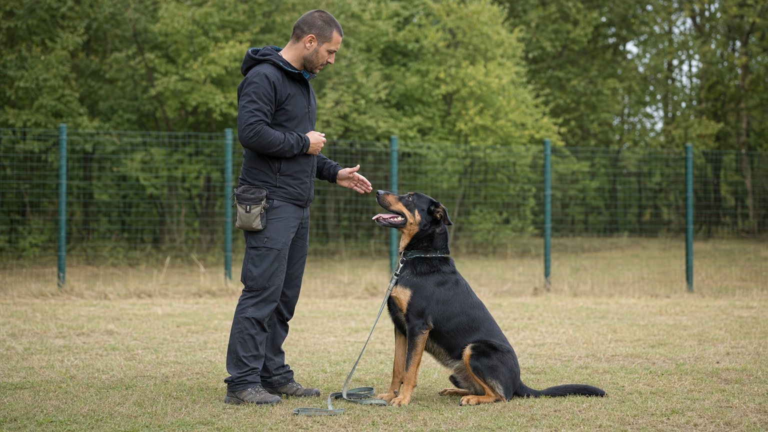 Séance d'éducation positive avec un chien croisé Beauceron Malinois