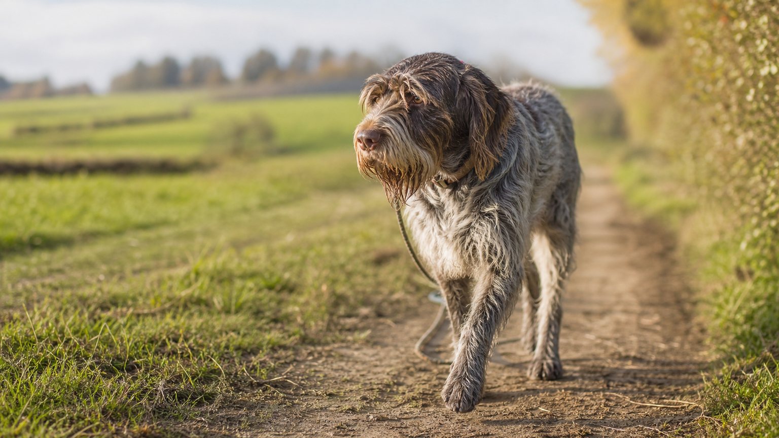 Pointing Griffon en promenade sur un sentier de campagne