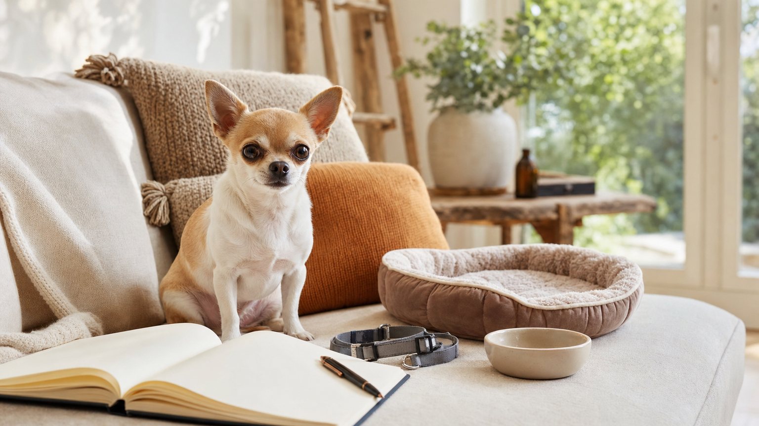 Chihuahua avec harnais, panier, gamelle et carnet de budget