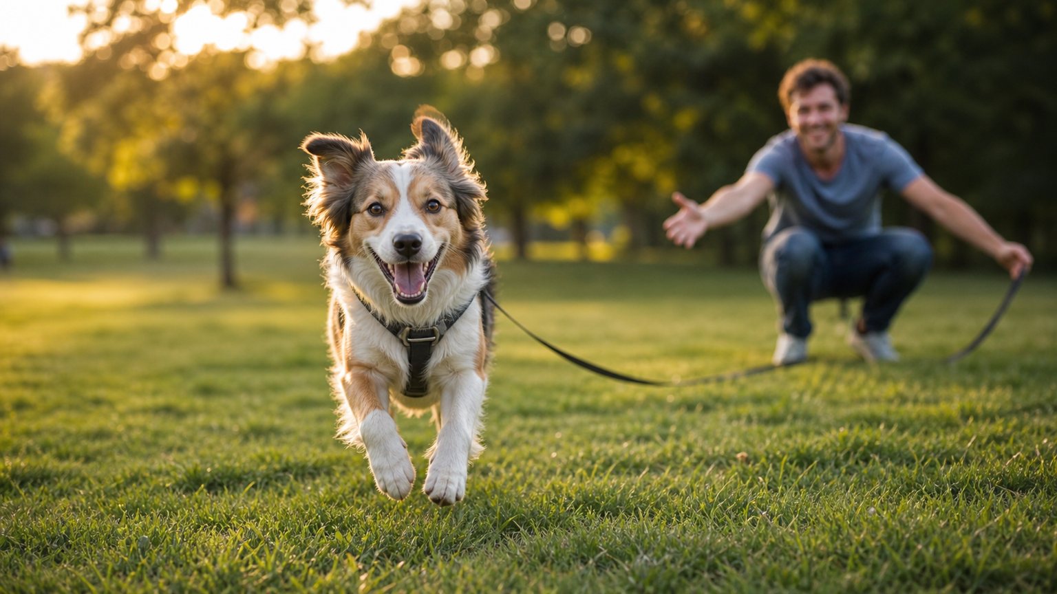 Chien qui revient vers son maître pendant un exercice de rappel