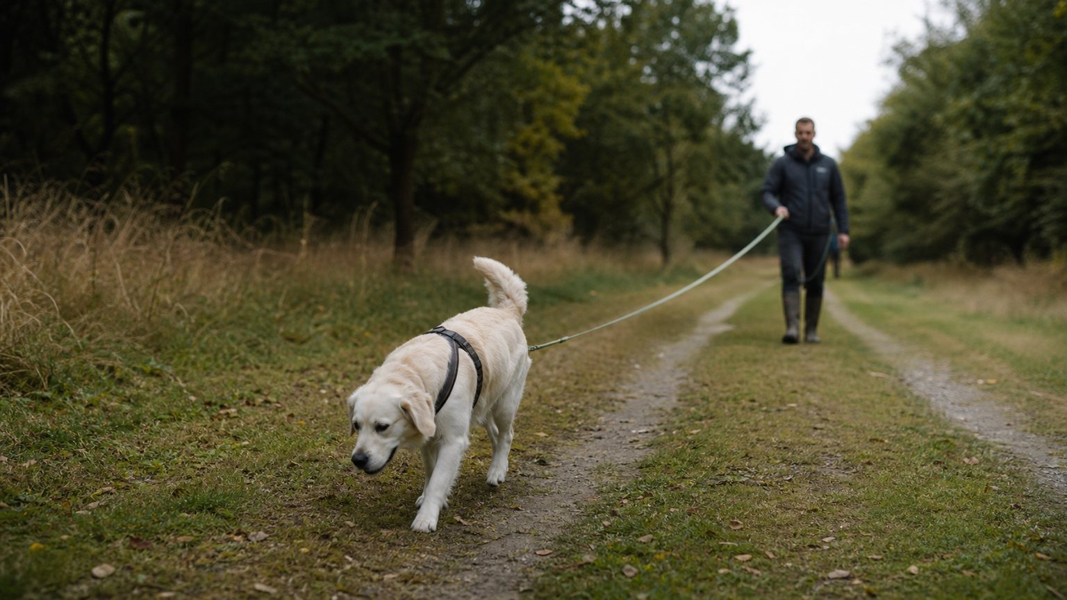 Chien en longe pendant une séance d’apprentissage du rappel