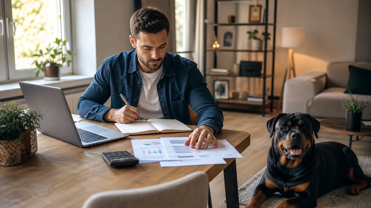 Propriétaire préparant le budget annuel de son Rottweiler