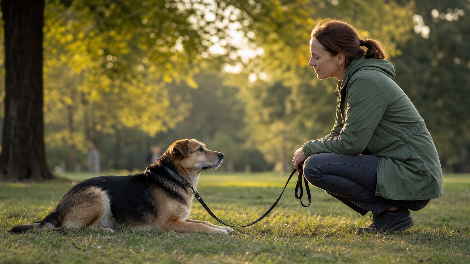 Propriétaire observant les signaux corporels de son chien pendant une séance d’éducation positive