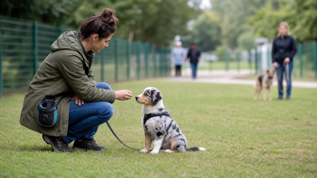 Chiot récompensé pendant un exercice de socialisation progressive