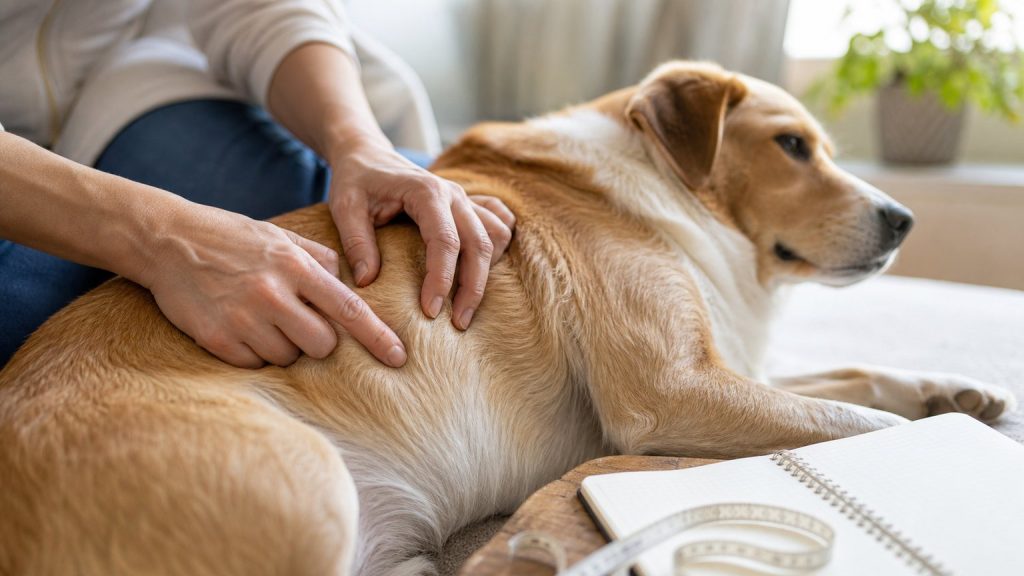 Palpation douce du flanc du chien pour surveiller une boule sous la peau
