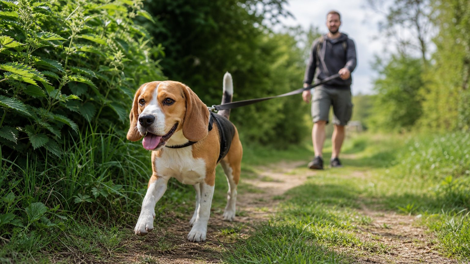 Chien en laisse près d’orties pendant une promenade