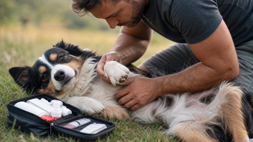Propriétaire examinant la patte de son chien après une balade