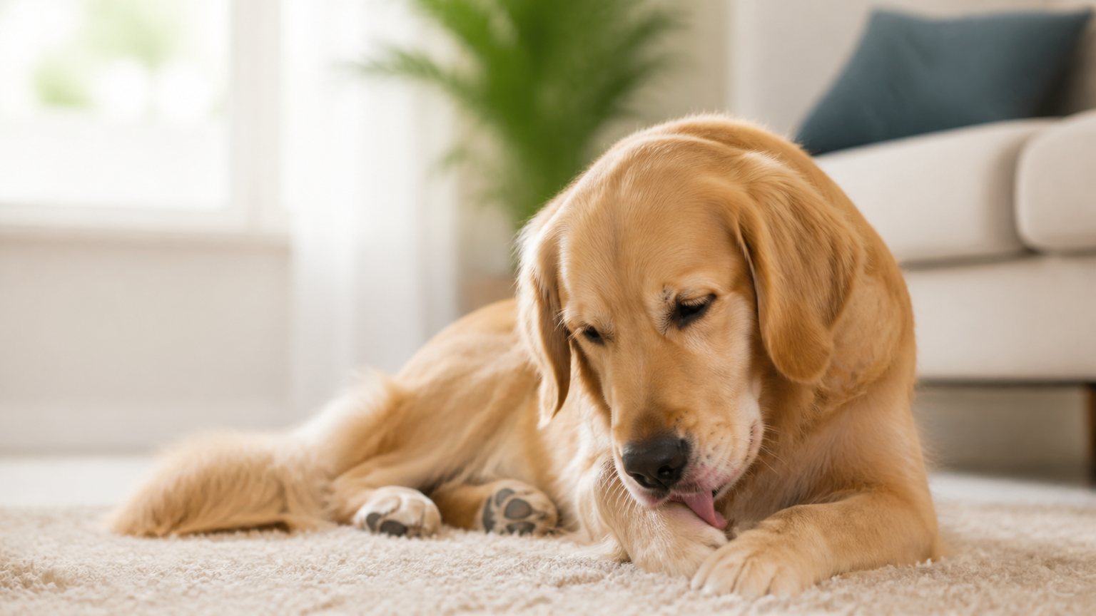 Chien calme qui se lèche la patte dans un salon lumineux