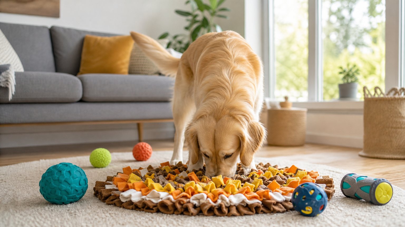 Chien utilisant un tapis de fouille et des jouets d’enrichissement